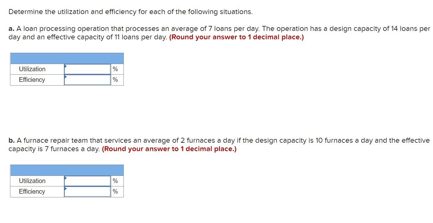 Determine the utilization and efficiency for each