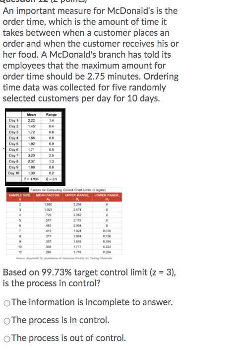 An important measure for McDonald's is the order
