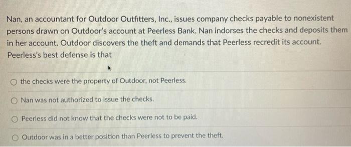 #99 Nan, an accountant for Outdoor Outfitters,