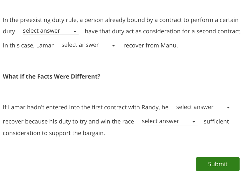 1. consideration/mutual assent/legality 2. Lamar