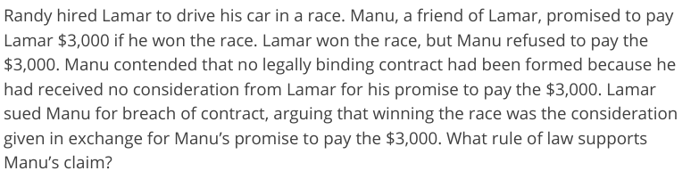 1. consideration/mutual assent/legality 2. Lamar