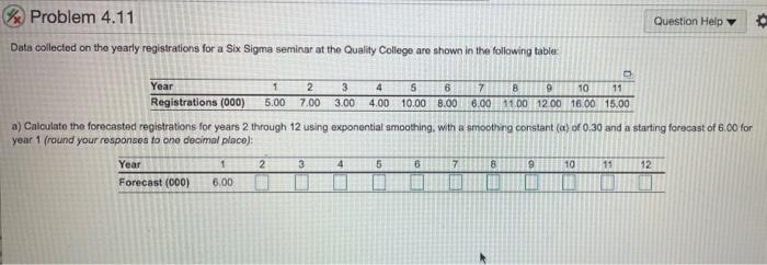 Problem 4.11 Data collected on the yearly