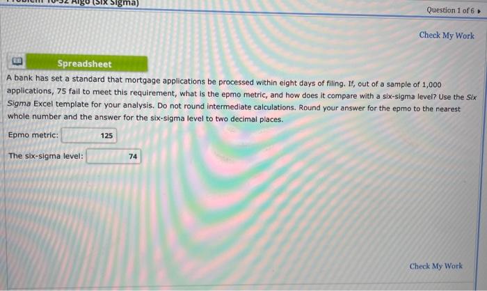 (SIX Sigma) Question 1 of 6 Check My Work