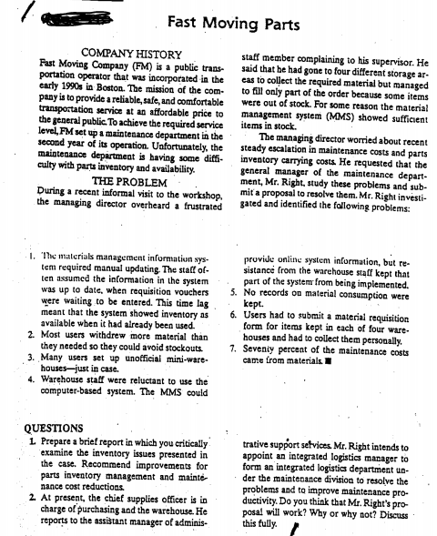 Question No. 06 Case Study on Fast Moving Goods