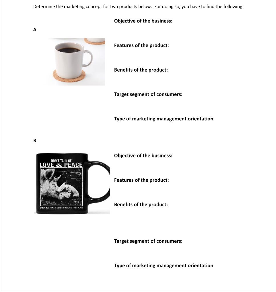 Determine the marketing concept for two products