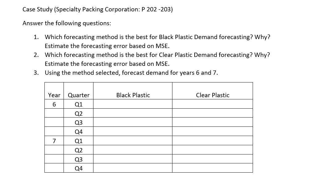Use excel to answer question please Case Study