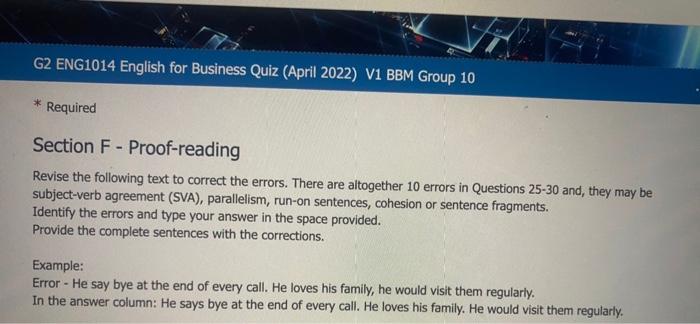 G2 ENG1014 English for Business Quiz (April 2022)