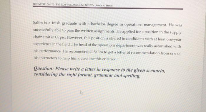 BCOM 2911 Sec 20 / Fall 2020/WO/ASSIGNMENT-2 Dr.