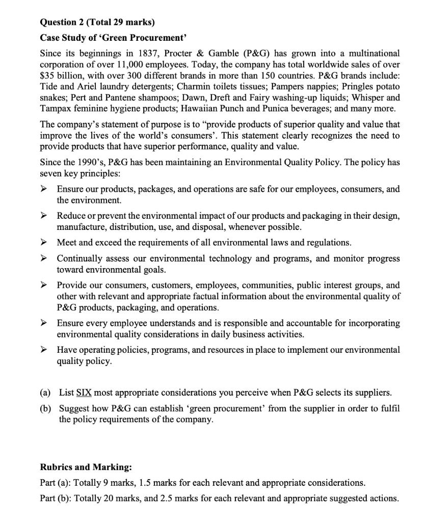 Question 2 (Total 29 marks) Case Study of 'Green