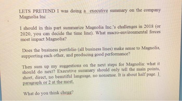 LETS PRETEND I was doing a executive summary on