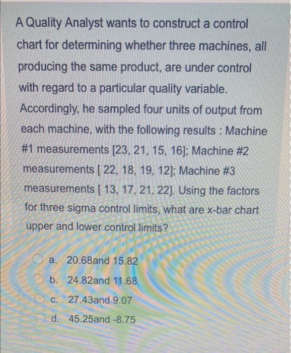 A Quality Analyst wants to construct a control