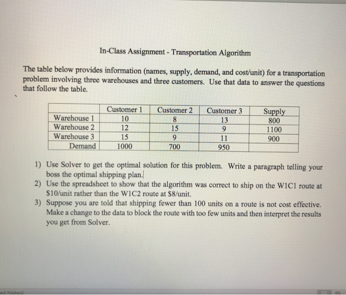 In-Class Assignment - Transportation Algorithm