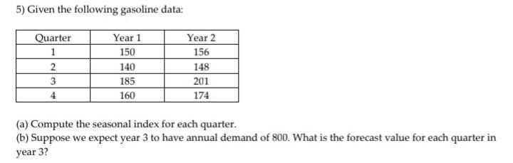 5) Given the following gasoline data: Quarter 1 2