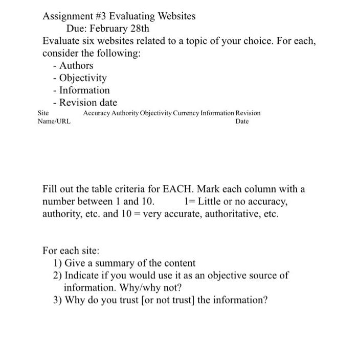 Assignment #3 Evaluating Websites Due: February
