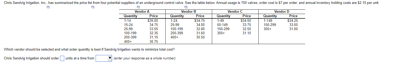 Which vendor should be selected and what order