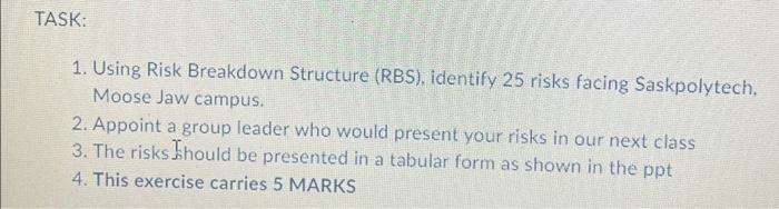 TASK: 1. Using Risk Breakdown Structure (RBS),