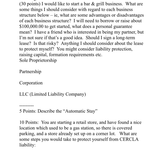 (30 points) I would like to start a bar & grill