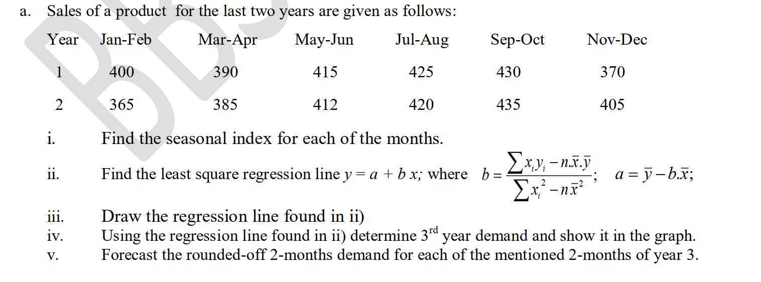 a. Sales of a product for the last two years are