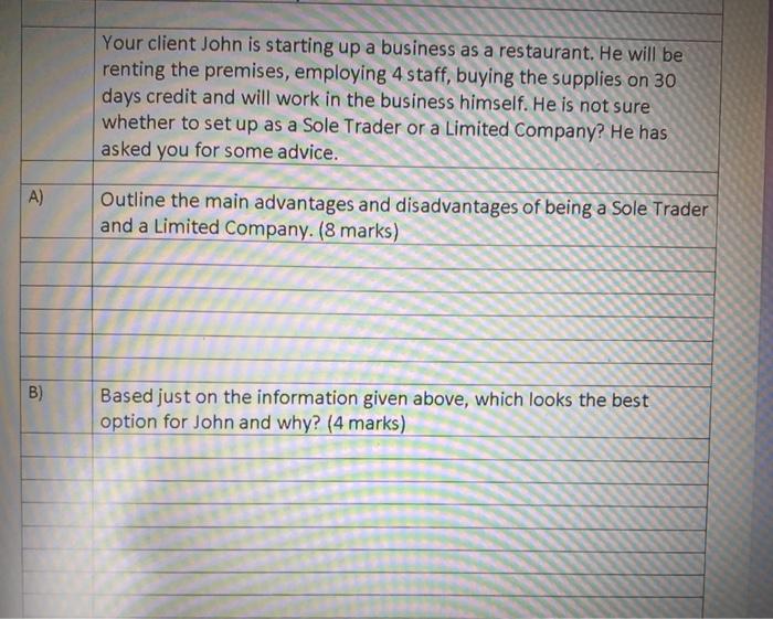 Your client John is starting up a business as a