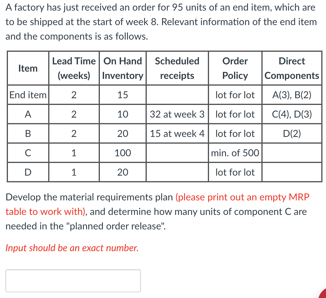 A factory has just received an order for 95 units