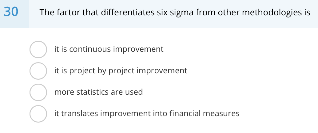 30 The factor that differentiates six sigma from