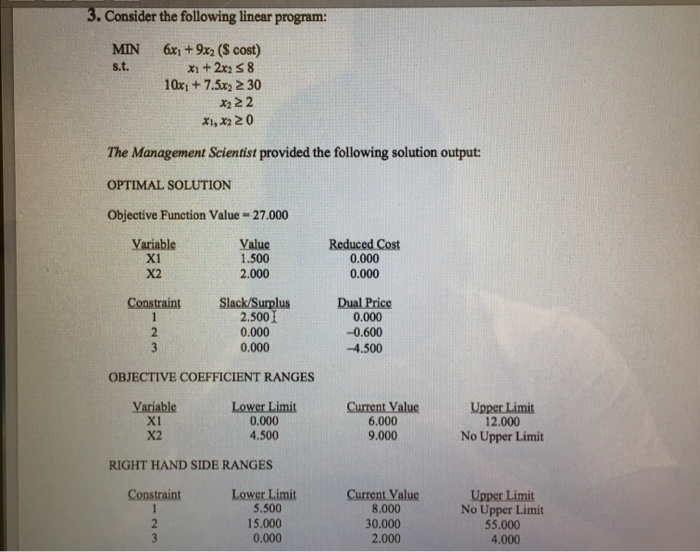 3. Consider the following linear program: MIN 6x1