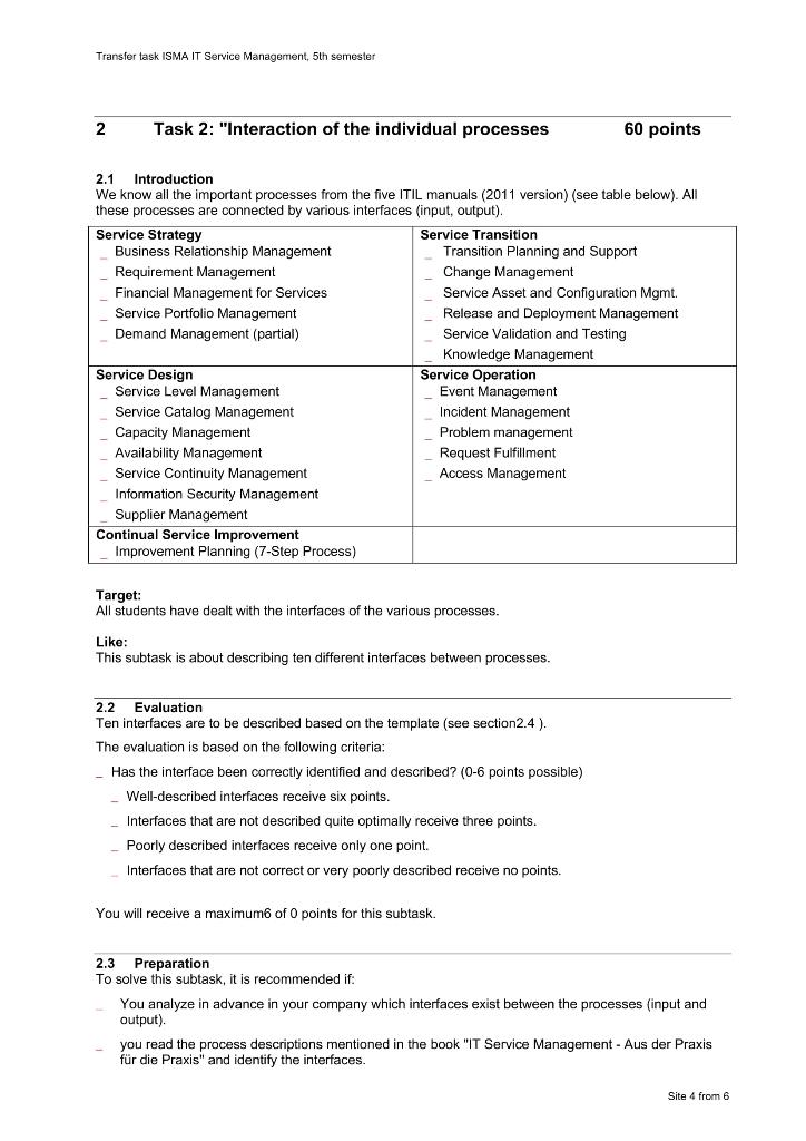 Transfer task ISMA IT Service Management, 5th