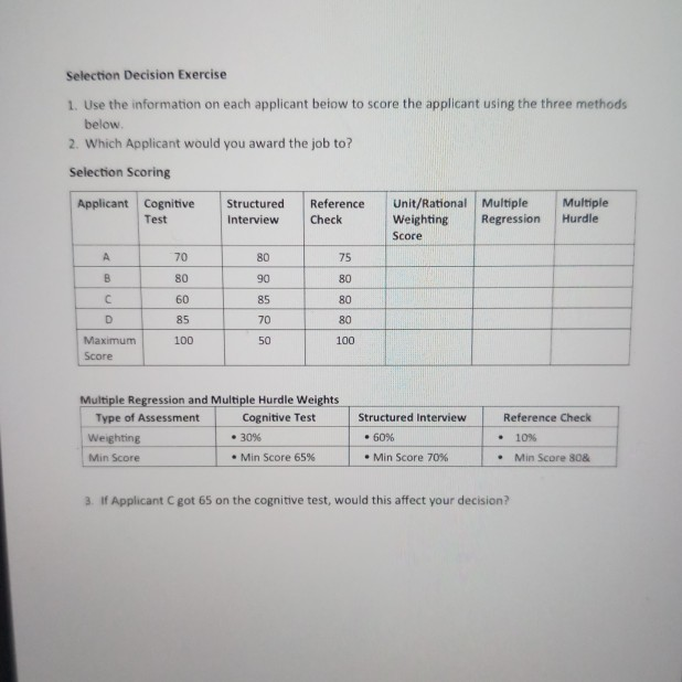 Selection Decision Exercise 1. Use the