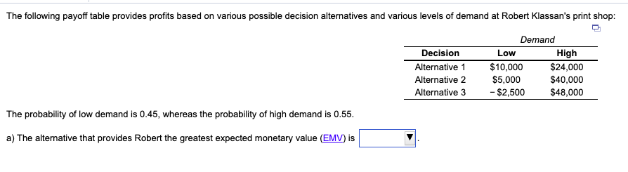 The following payoff table provides profits based