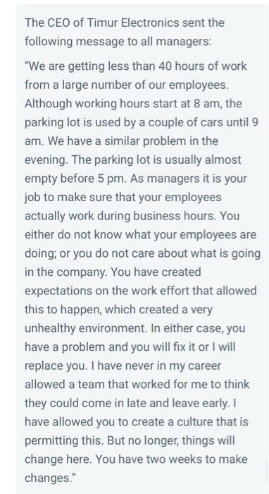 The CEO of Timur Electronics sent the following