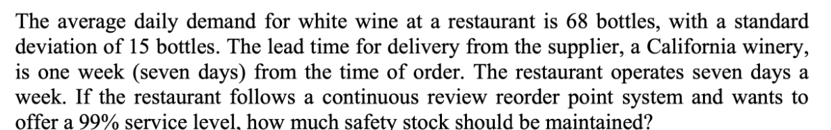 The average daily demand for white wine at a