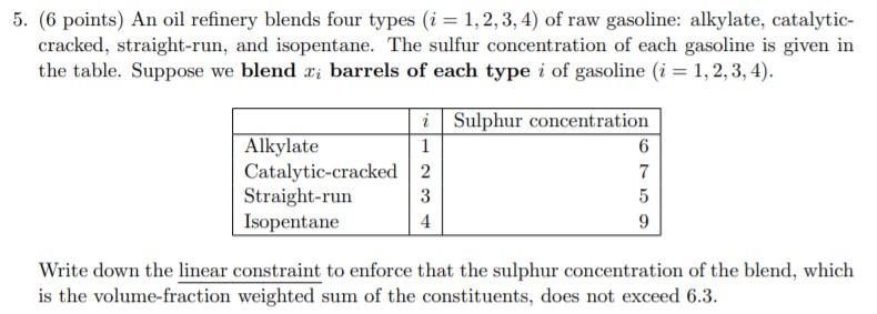 5. (6 points) An oil refinery blends four types