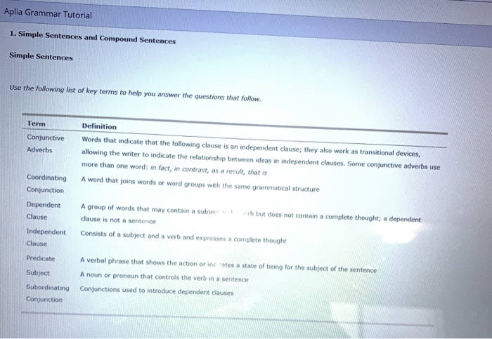 Aplia Grammar Tutorial 1. Simple Sentences and