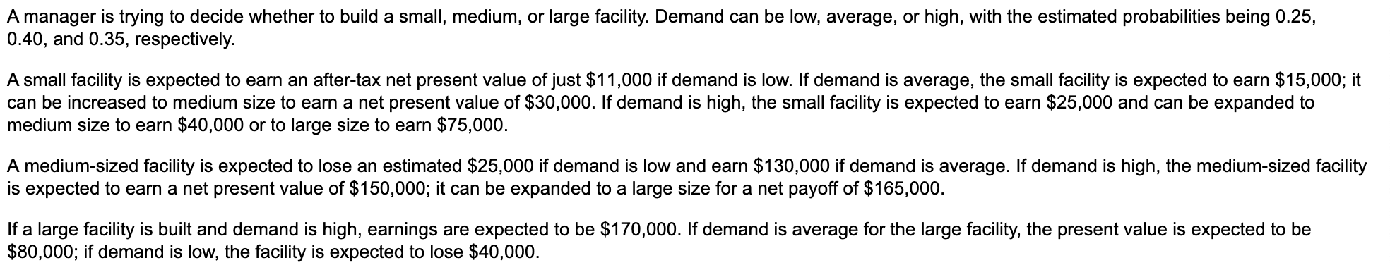 A manager is trying to decide whether to build a