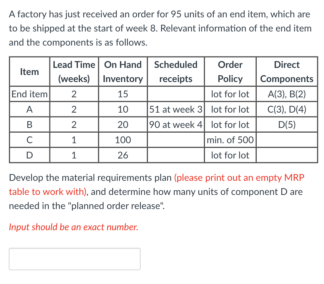 A factory has just received an order for 95 units