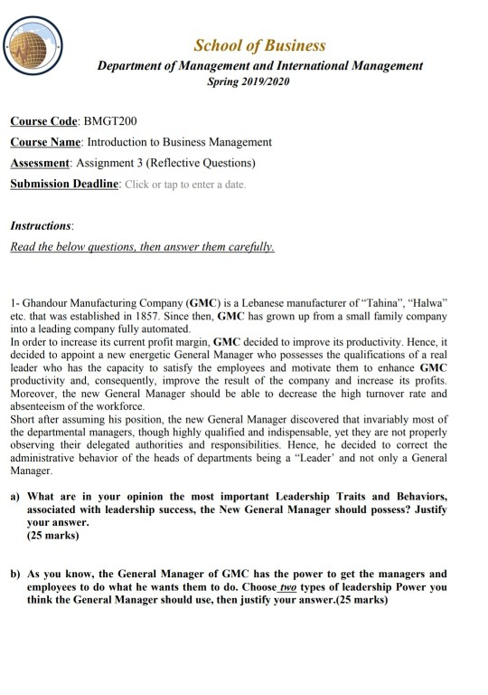 School of Business Department of Management and