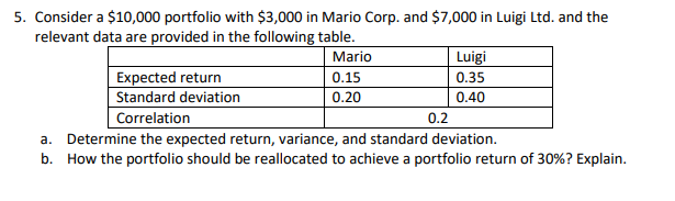 5. Consider a $10,000 portfolio with $3,000 in
