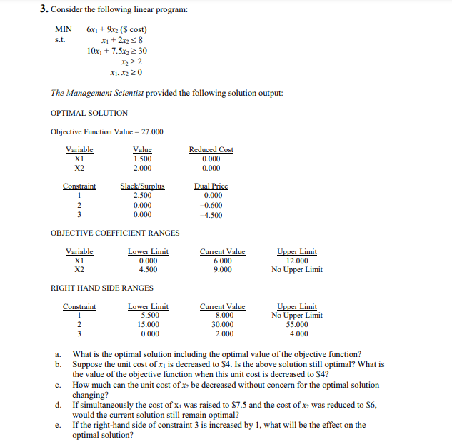 3. Consider the following linear program: MIN 6x1