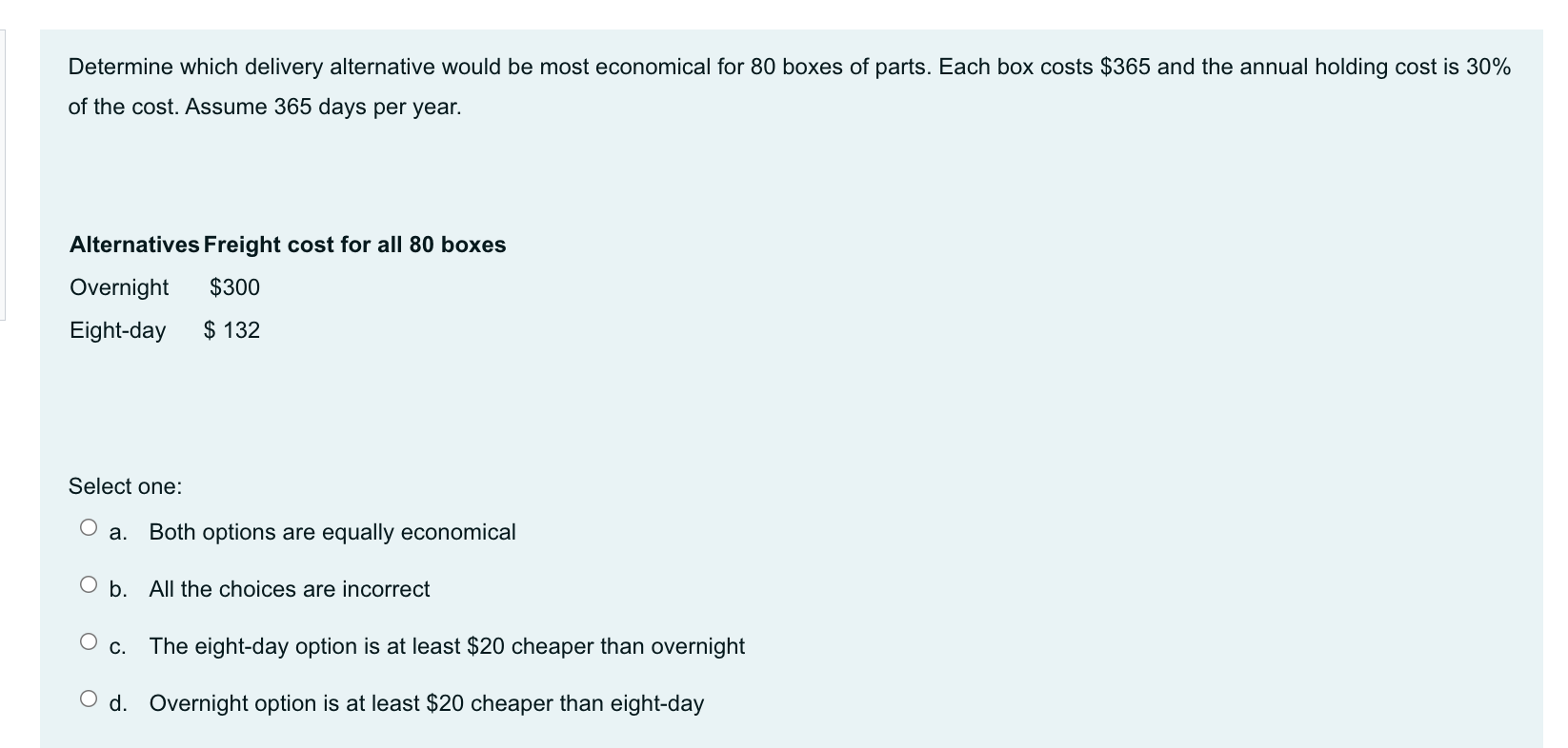 Determine which delivery alternative would be