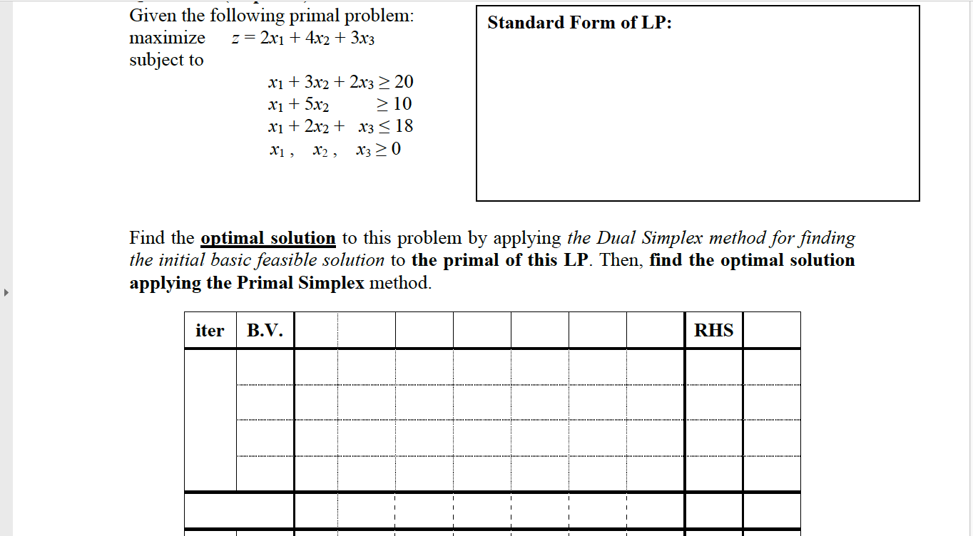 ANSWERRRRR Standard Form of LP: Given the