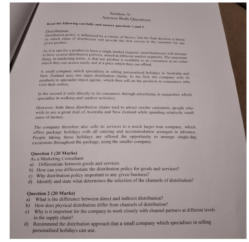 ANSWER QUESTIONS 1 AND 2 Section A: Answer Both