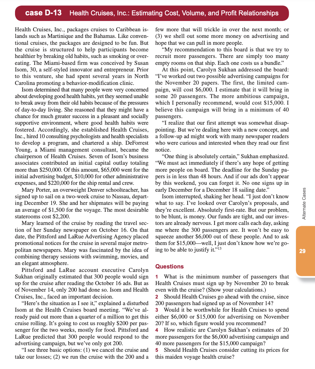 case D-13 Health Cruises, Inc.: Estimating Cost,