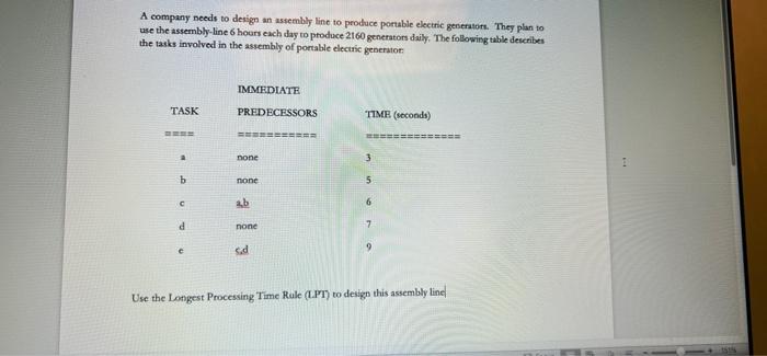A company needs to design an assembly line to