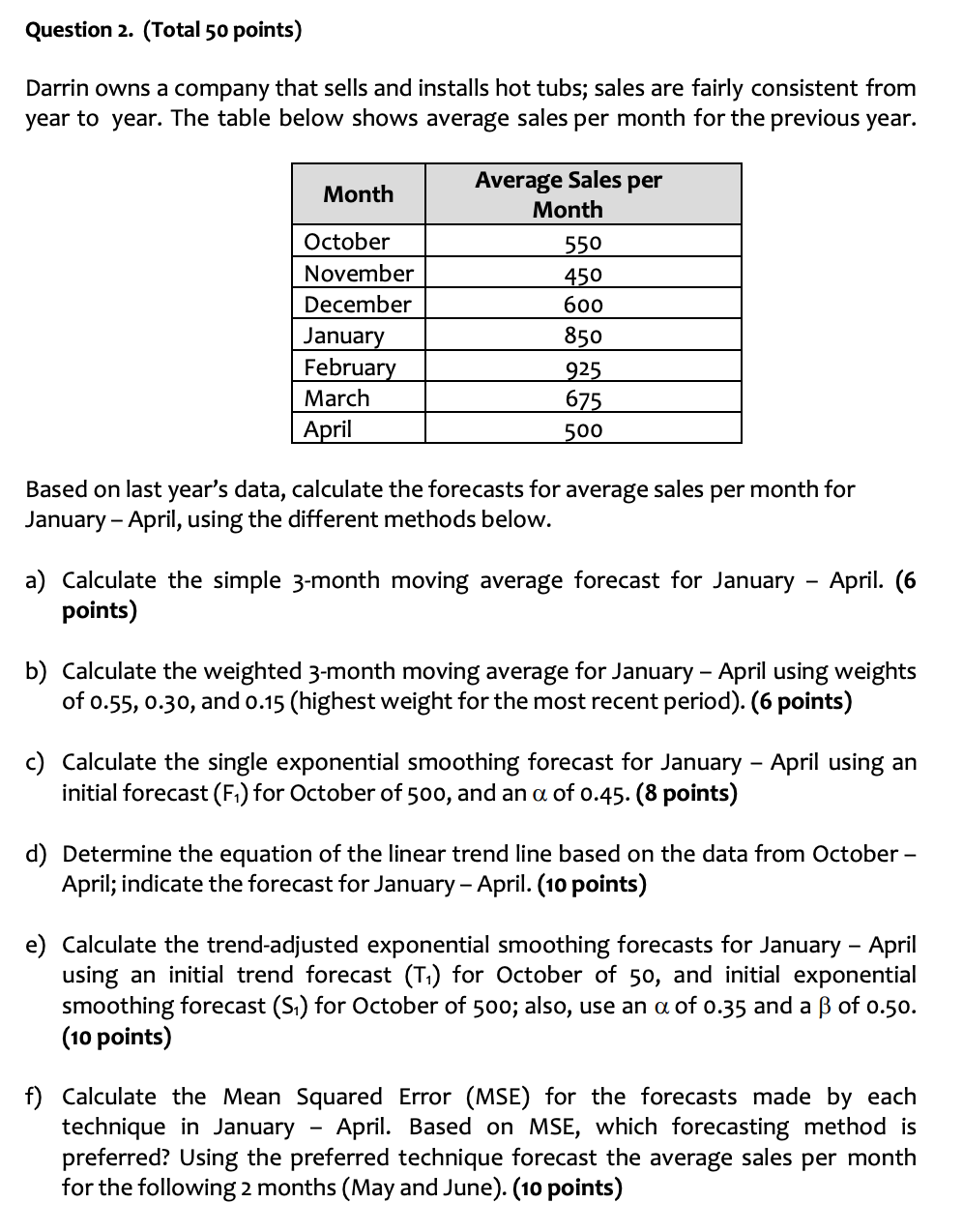 Please answer parts e and f Question 2. (Total 50