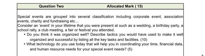 Question Two Allocated Mark (15) Special events