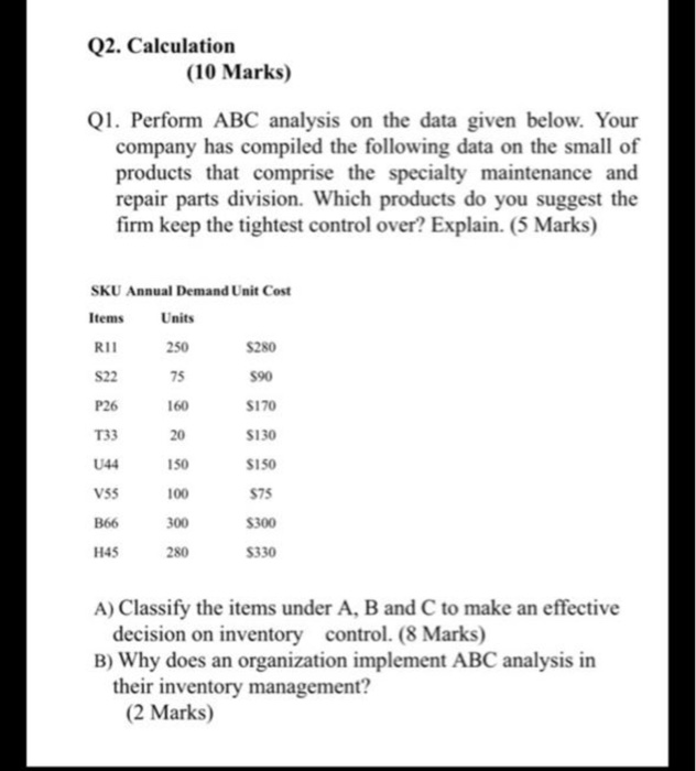 Q2. Calculation (10 Marks) Q1. Perform ABC