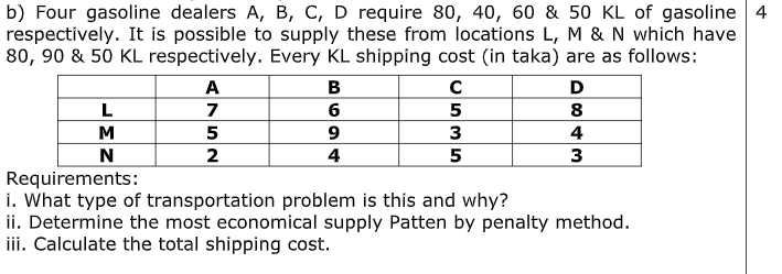 b) Four gasoline dealers A, B, C, D require 30,
