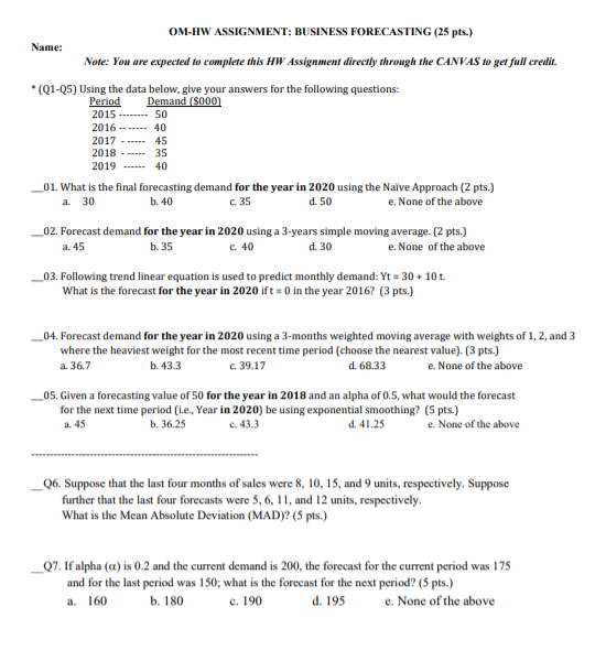 Name: OM-HW ASSIGNMENT: BUSINESS FORECASTING (25