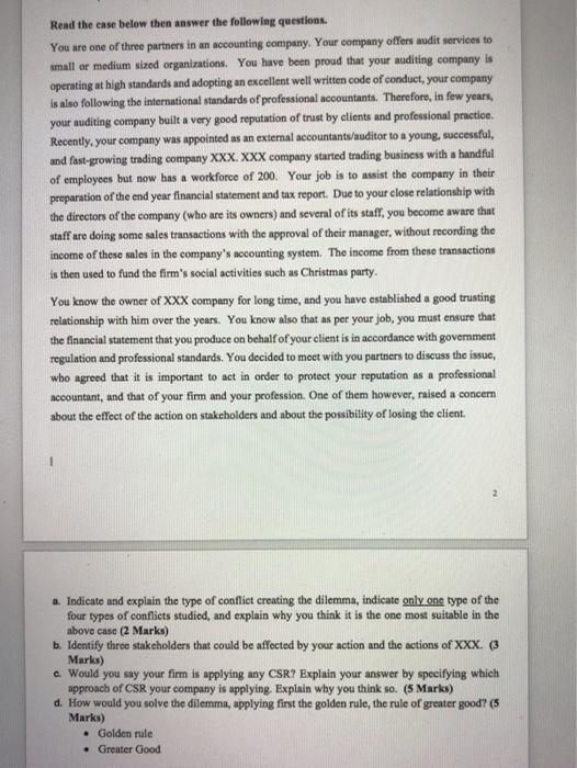 ethics Read the case below the answer the