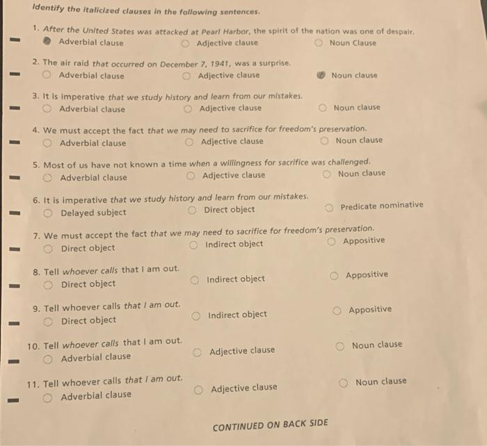 Identify the italicized clauses in the following